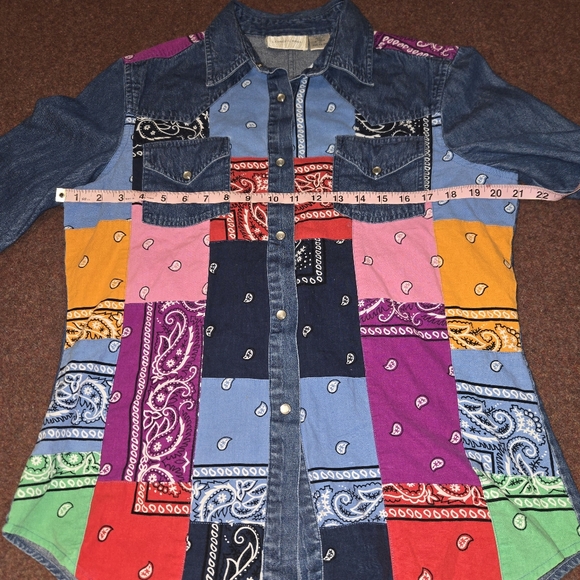 Vintage Lemon Grass Denim Patchwork Shirt Bandana-style Top Large Excellent Cond - Picture 3 of 6
